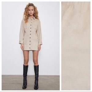 Zara Cream Faux Suede Mini Shirt Dress Size M
